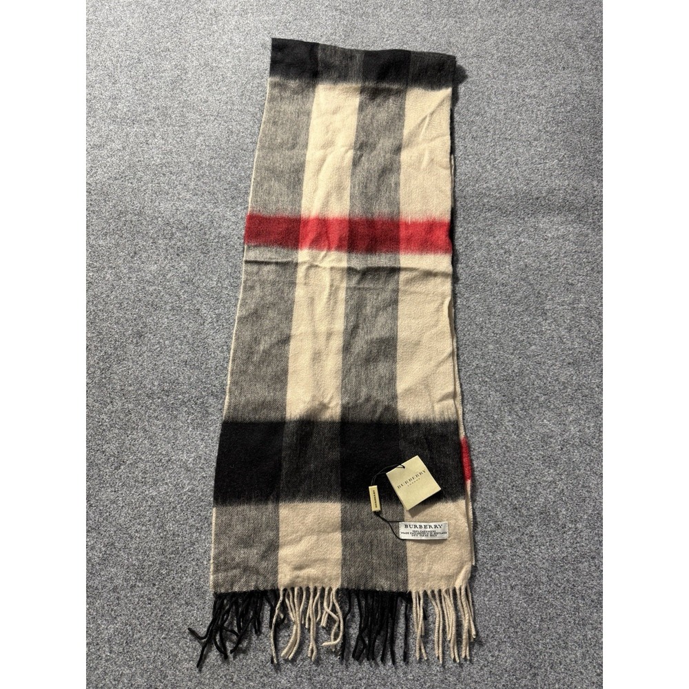 Burberry Cashmere Scarf Beige Check Pattern Half‎ Mega Fringe NWT 12.5x33